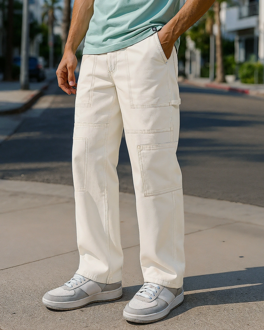 Men's Beige Baggy Fit Cargo Carpenter Mid-Rise Jeans