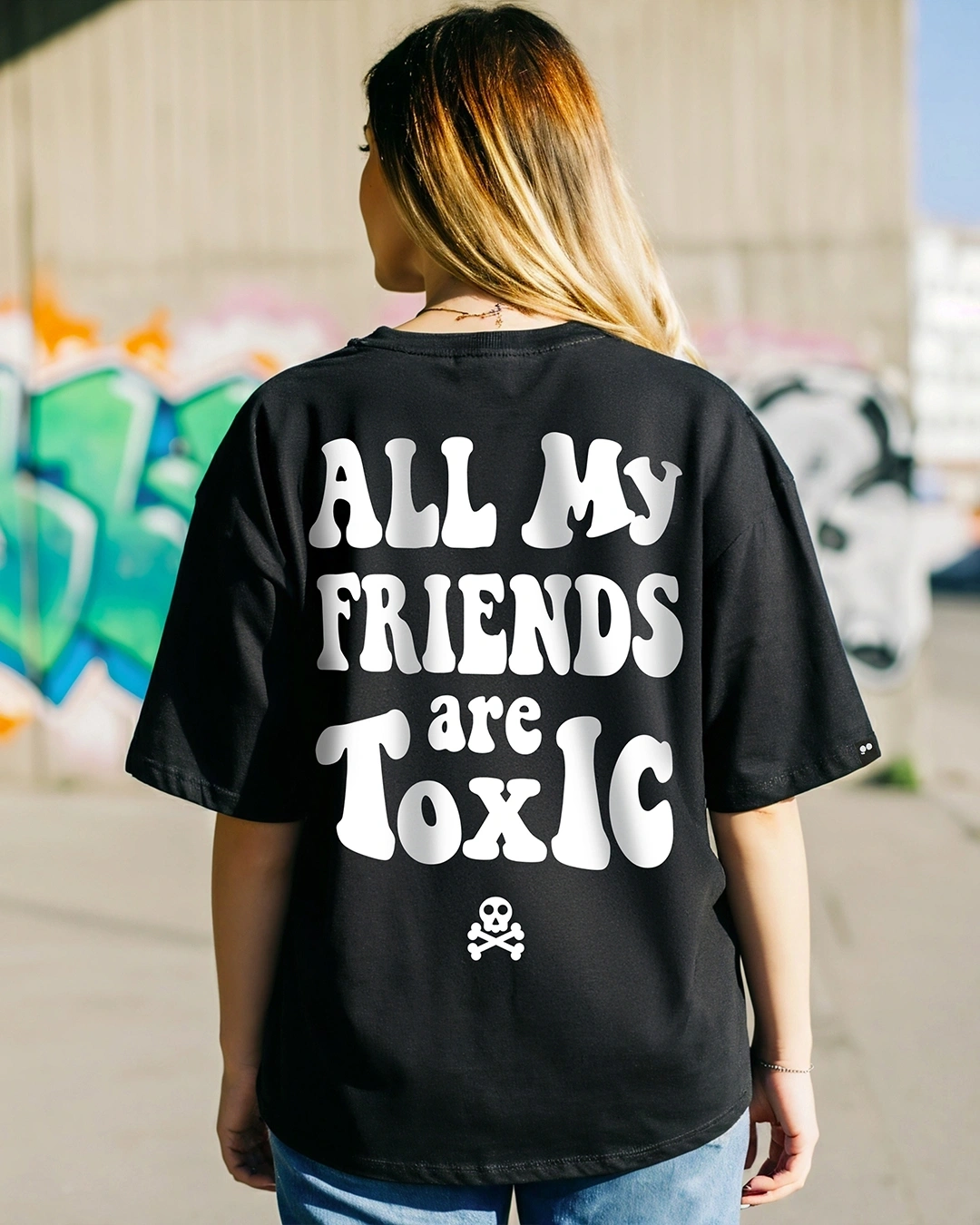 Women's Black Toxic Graphic Printed Oversized T-shirt